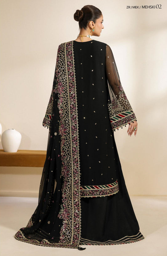 Meraki by Zarif Embroidered Chiffon Unstitched 3 Piece Suit - 02 Mehski - ZRF26MRK - Black - Festive Collection