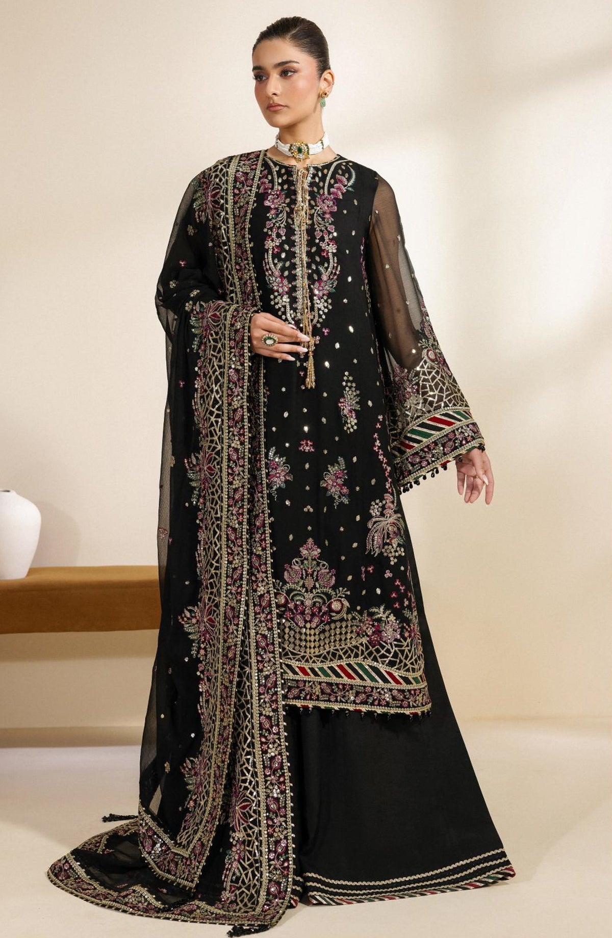 Meraki by Zarif Embroidered Chiffon Unstitched 3 Piece Suit - 02 Mehski - ZRF26MRK - Black - Festive Collection