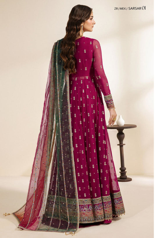 Meraki by Zarif Embroidered Chiffon Unstitched 3 Piece Suit - 01 Sarsar - ZRF26MRK - Pink - Festive Collection