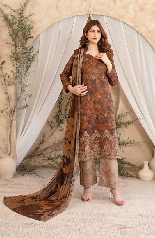 Merrachi by Tawakkal Fabrics Embroidered Lawn Unstitched 3 Piece Suit - D-3501 - TF26MRI - Brown - Summer Collection