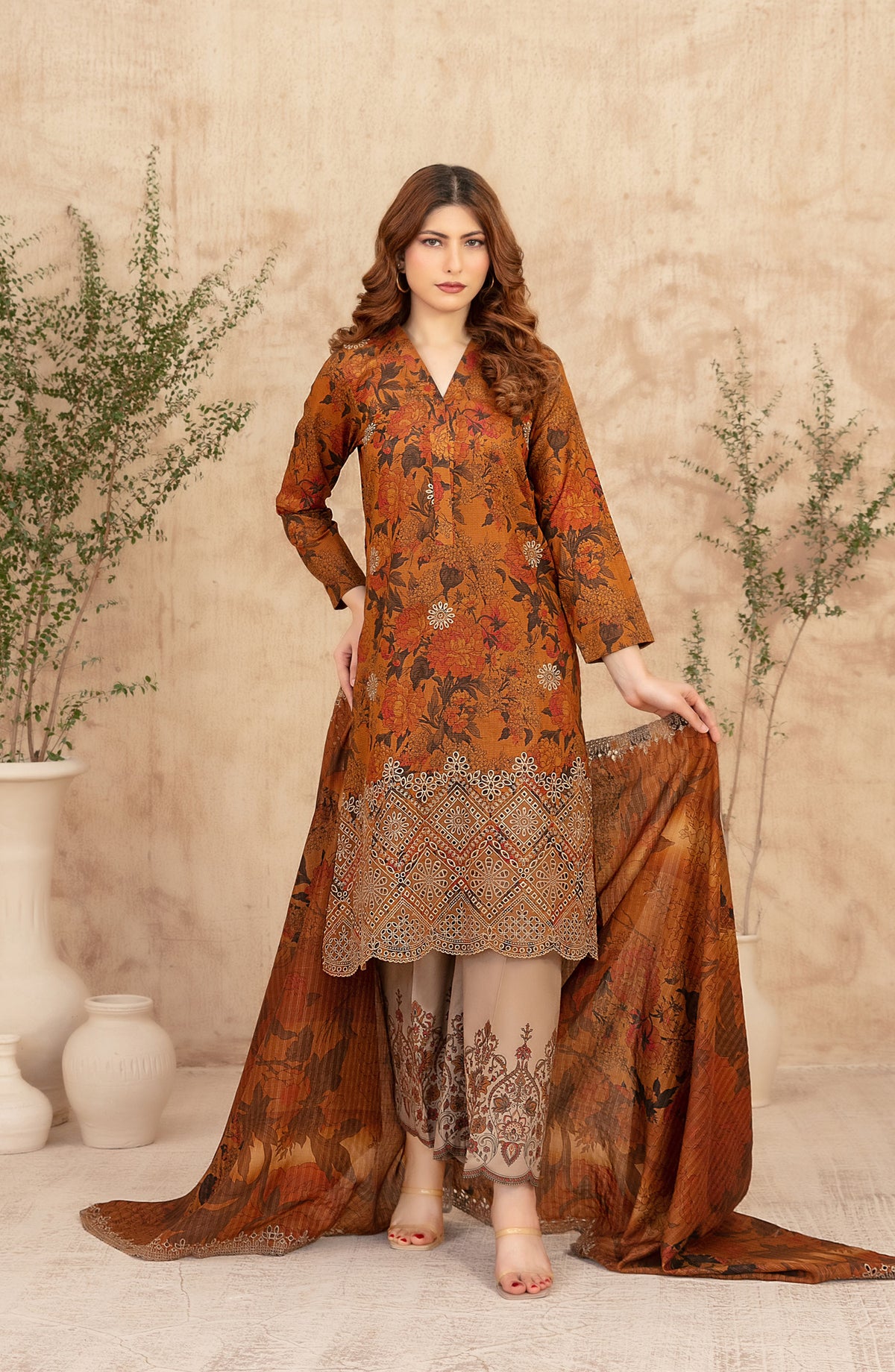 Merrachi by Tawakkal Fabrics Embroidered Lawn Unstitched 3 Piece Suit - D-3499 - TF26MRI - Rust - Summer Collection