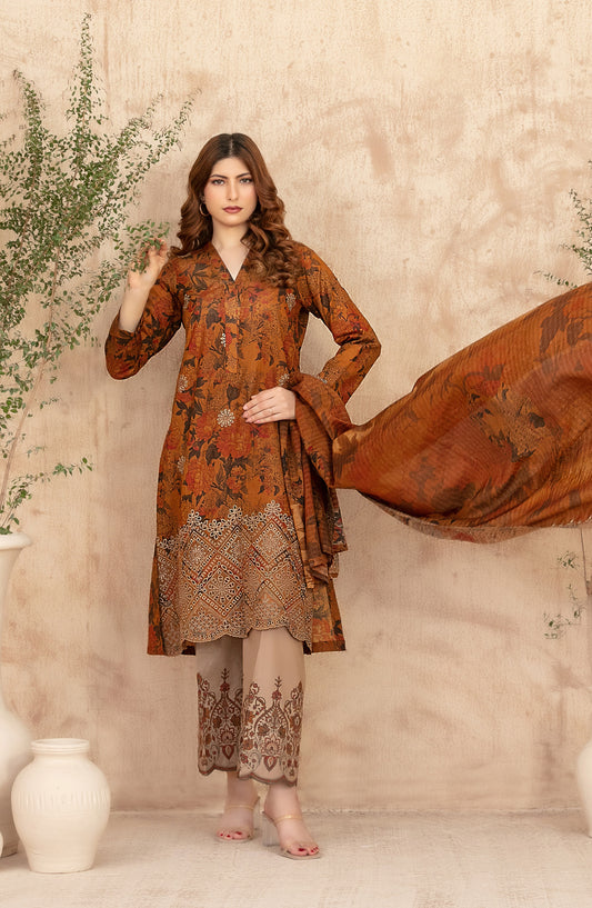Merrachi by Tawakkal Fabrics Embroidered Lawn Unstitched 3 Piece Suit - D-3499 - TF26MRI - Rust - Summer Collection
