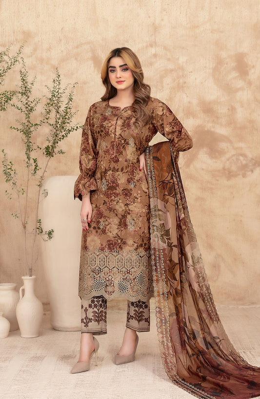 Merrachi by Tawakkal Fabrics Embroidered Lawn Unstitched 3 Piece Suit - D-3497 - TF26MRI - Brown - Summer Collection