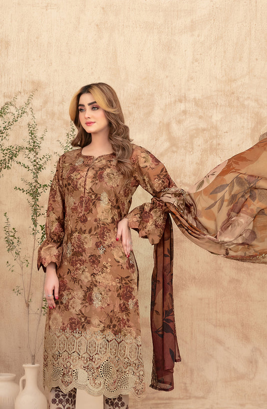 Merrachi by Tawakkal Fabrics Embroidered Lawn Unstitched 3 Piece Suit - D-3497 - TF26MRI - Brown - Summer Collection