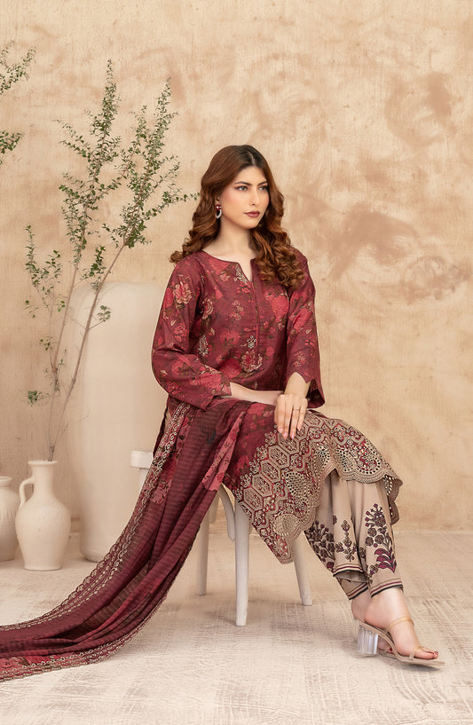 Merrachi by Tawakkal Fabrics Embroidered Lawn Unstitched 3 Piece Suit - D-3496 - TF26MRI - Maroon - Summer Collection