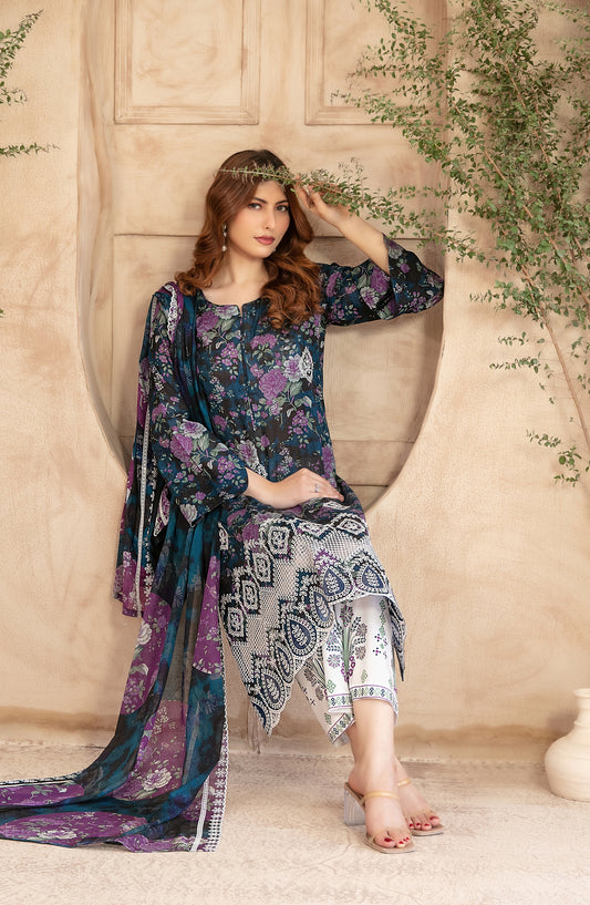 Merrachi by Tawakkal Fabrics Embroidered Lawn Unstitched 3 Piece Suit - D-3495 - TF26MRI - Blue - Summer Collection