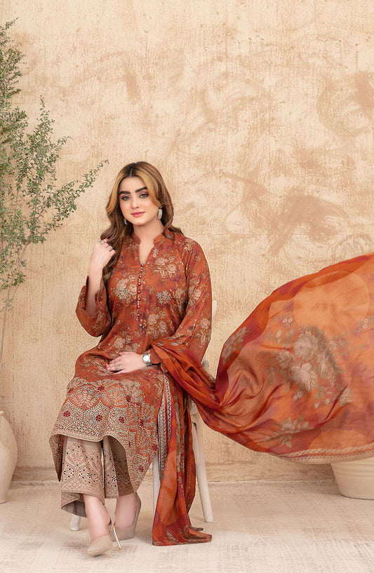 Merrachi by Tawakkal Fabrics Embroidered Lawn Unstitched 3 Piece Suit - D-3493 - TF26MRI - Orange - Summer Collection