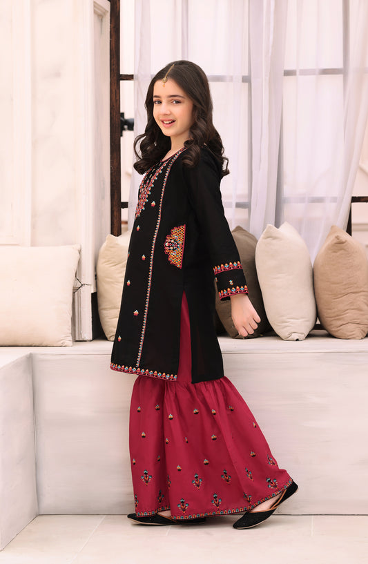 Fresh Birds Embroidered Cotton Lawn Stitched 2 Piece Suit - Midnight Rose - FBR26FS - Black - Festive Girls Collection
