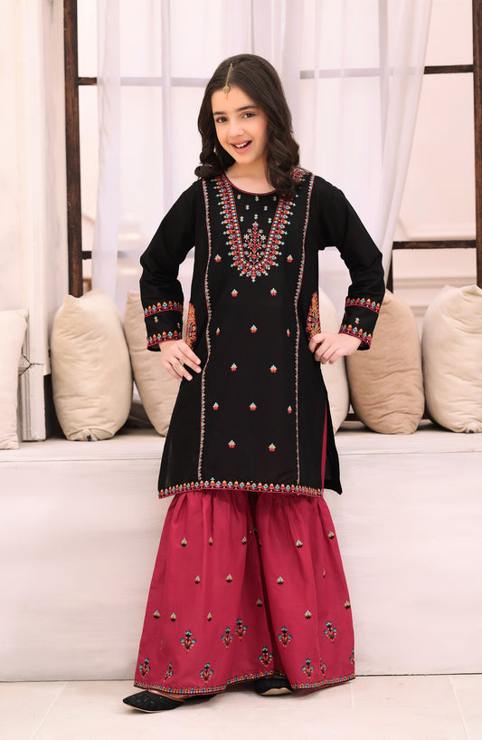 Fresh Birds Embroidered Cotton Lawn Stitched 2 Piece Suit - Midnight Rose - FBR26FS - Black - Festive Girls Collection