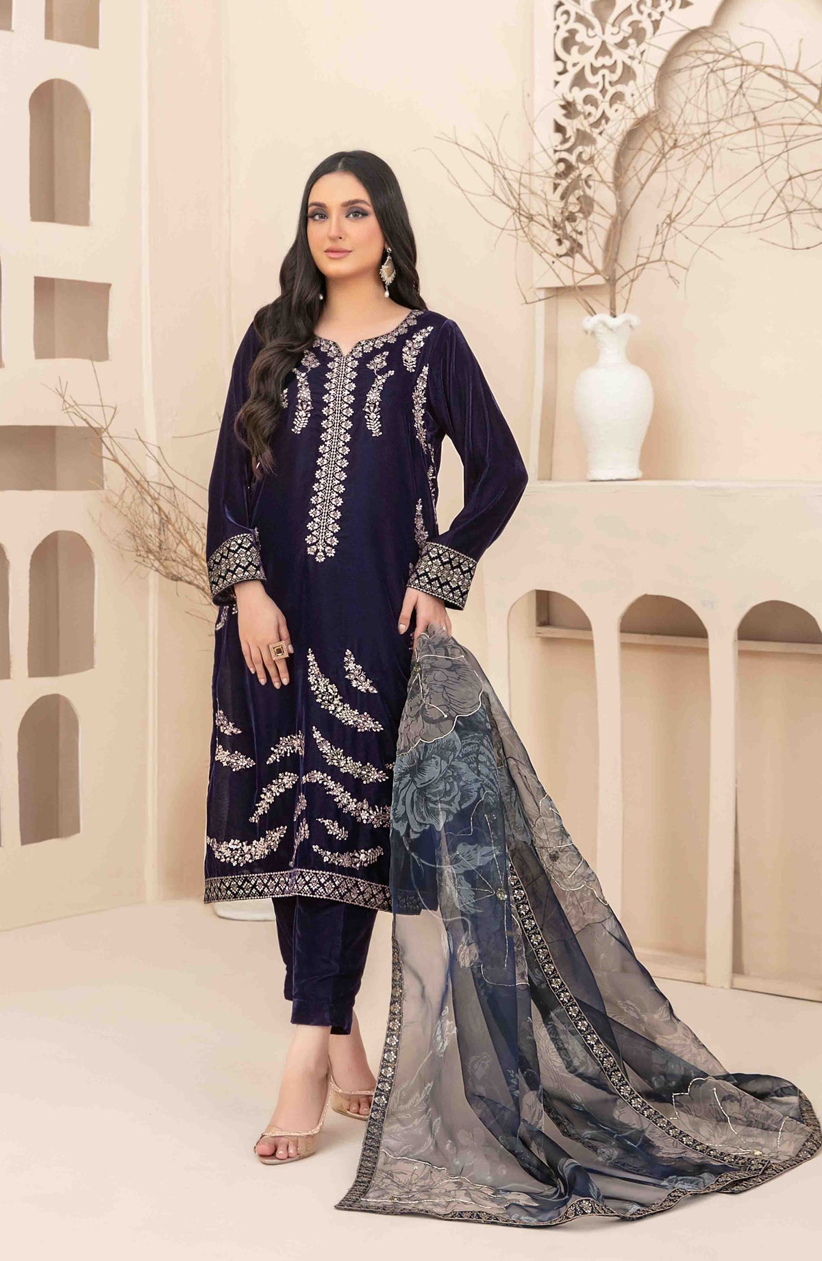 Minakari by Tawakkal Fabrics Embroidered Velvet Unstitched 3 Piece Suit - D-5278 - TF25VLT - Blue - Winter Collection