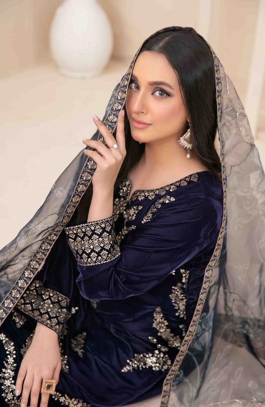 Minakari by Tawakkal Fabrics Embroidered Velvet Unstitched 3 Piece Suit - D-5278 - TF25VLT - Blue - Winter Collection