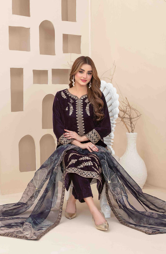 Minakari by Tawakkal Fabrics Embroidered Velvet Unstitched 3 Piece Suit - D-5276 - TF25VLT - Purple - Winter Collection