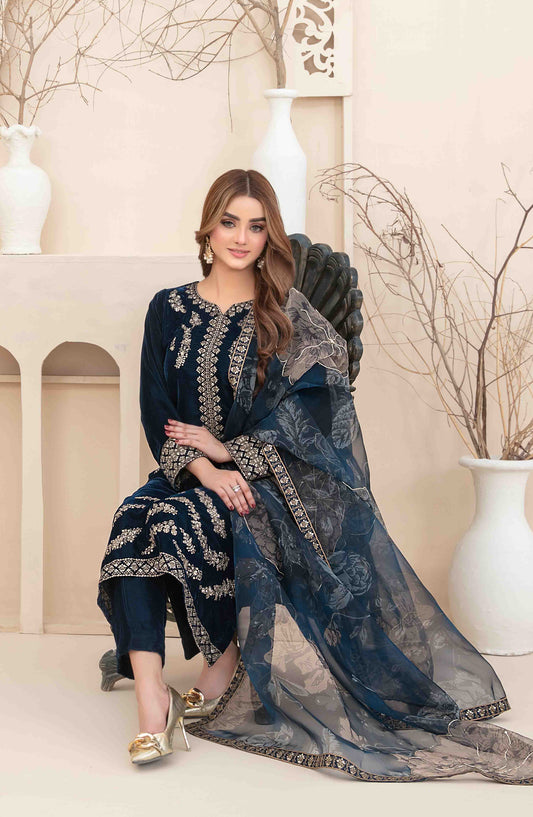 Minakari by Tawakkal Fabrics Embroidered Velvet Unstitched 3 Piece Suit - D-5272 - TF25VLT - Blue - Winter Collection