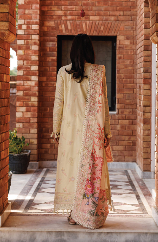 Mirabelle by Emaan Adeel Embroidered Lawn Unstitched 3 Piece Suit - Bloom Bliss - ED26MR - Fawn - Festive Collection