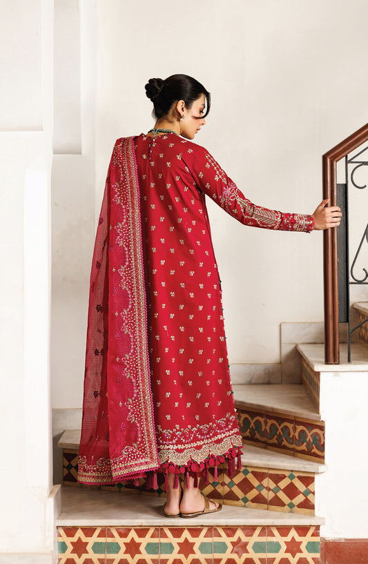 Mirabelle by Emaan Adeel Embroidered Lawn Unstitched 3 Piece Suit - Gardenia Glow - ED26MR - Red - Festive Collection