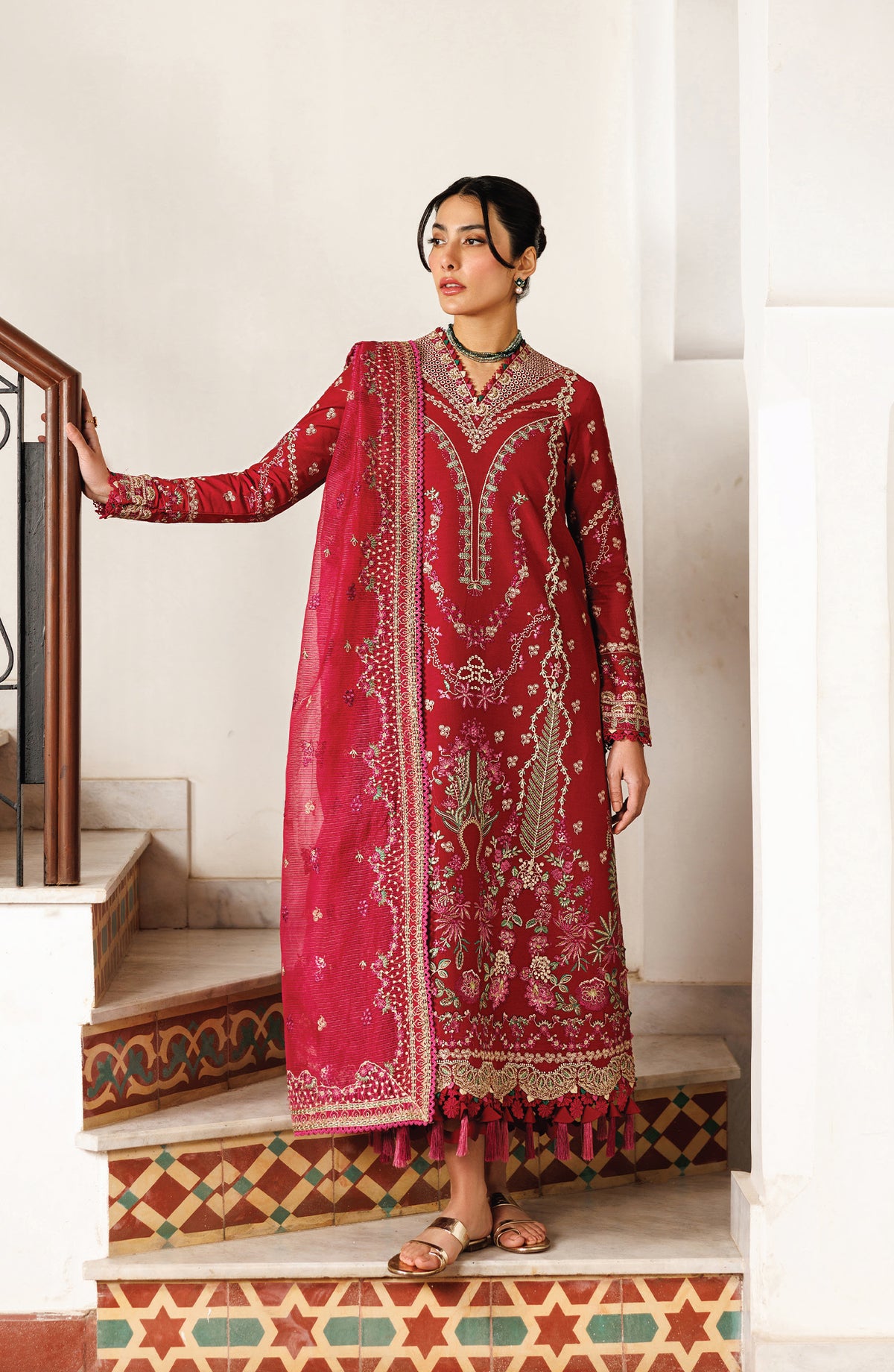 Mirabelle by Emaan Adeel Embroidered Lawn Unstitched 3 Piece Suit - Gardenia Glow - ED26MR - Red - Festive Collection