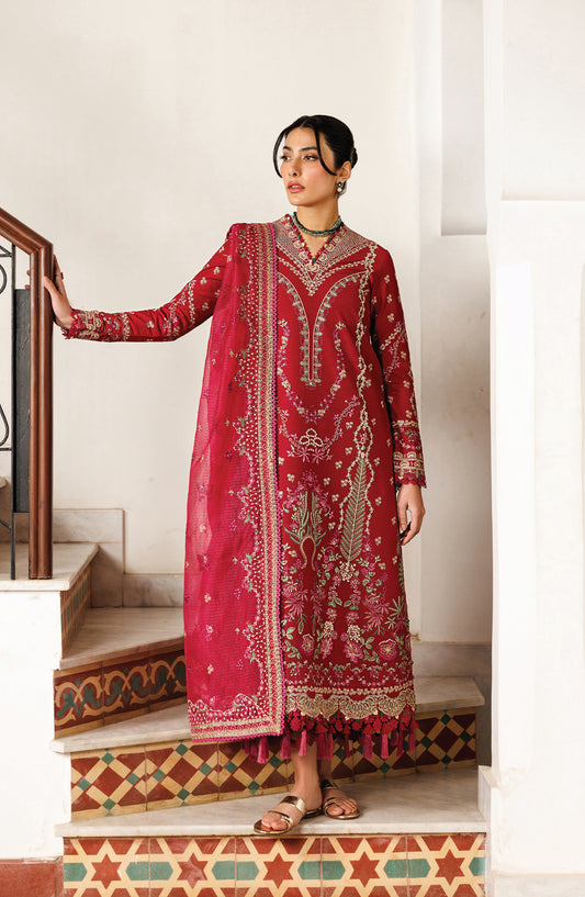 Mirabelle by Emaan Adeel Embroidered Lawn Unstitched 3 Piece Suit - Gardenia Glow - ED26MR - Red - Festive Collection