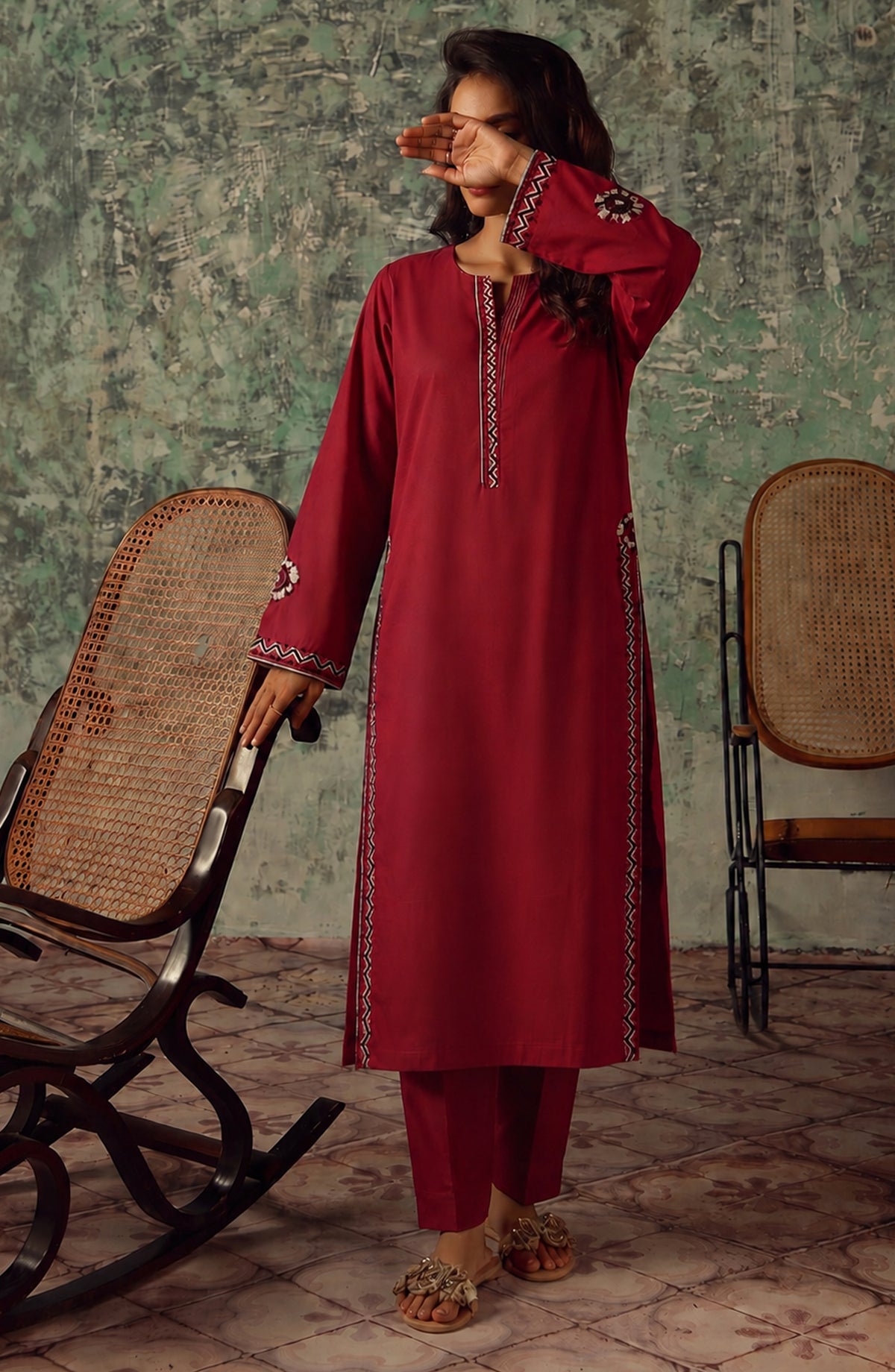 Miras by Amna Khadija Embroidered Cotton Stitched 2 Piece Co-ord Set - AKM-02 - AM26MRAS - Red - Summer Collection