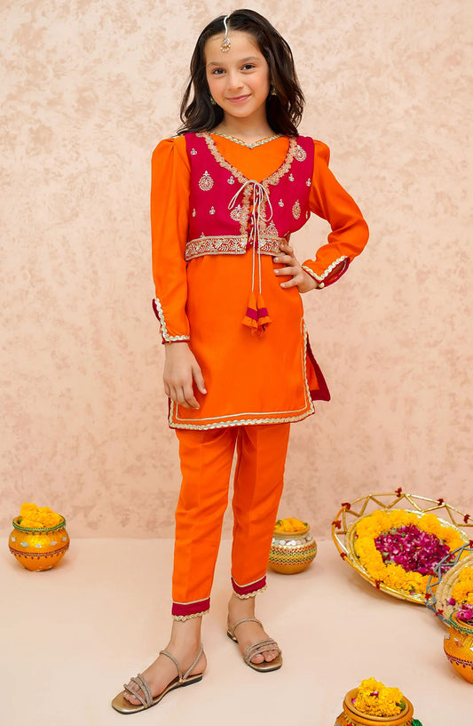 Modest Embroidered Rawsilk Stitched 3 Piece Suit - 9040-Org - MOD25EKA - Orange - Festive Collection
