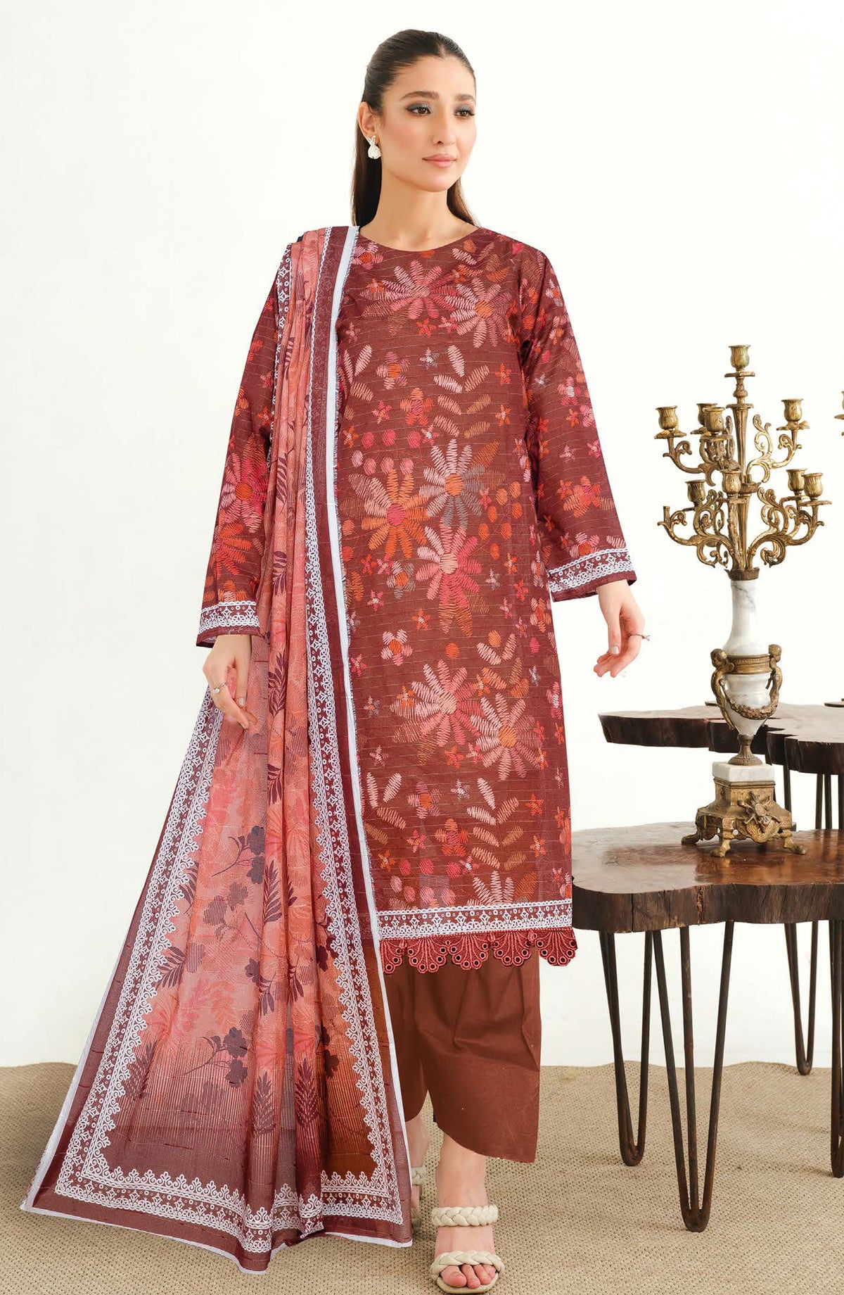 Mode by Johra Printed Lawn Unstitched 3 Piece Suit - JH-1203 - JH25MODE - Maroon - Casual Collection