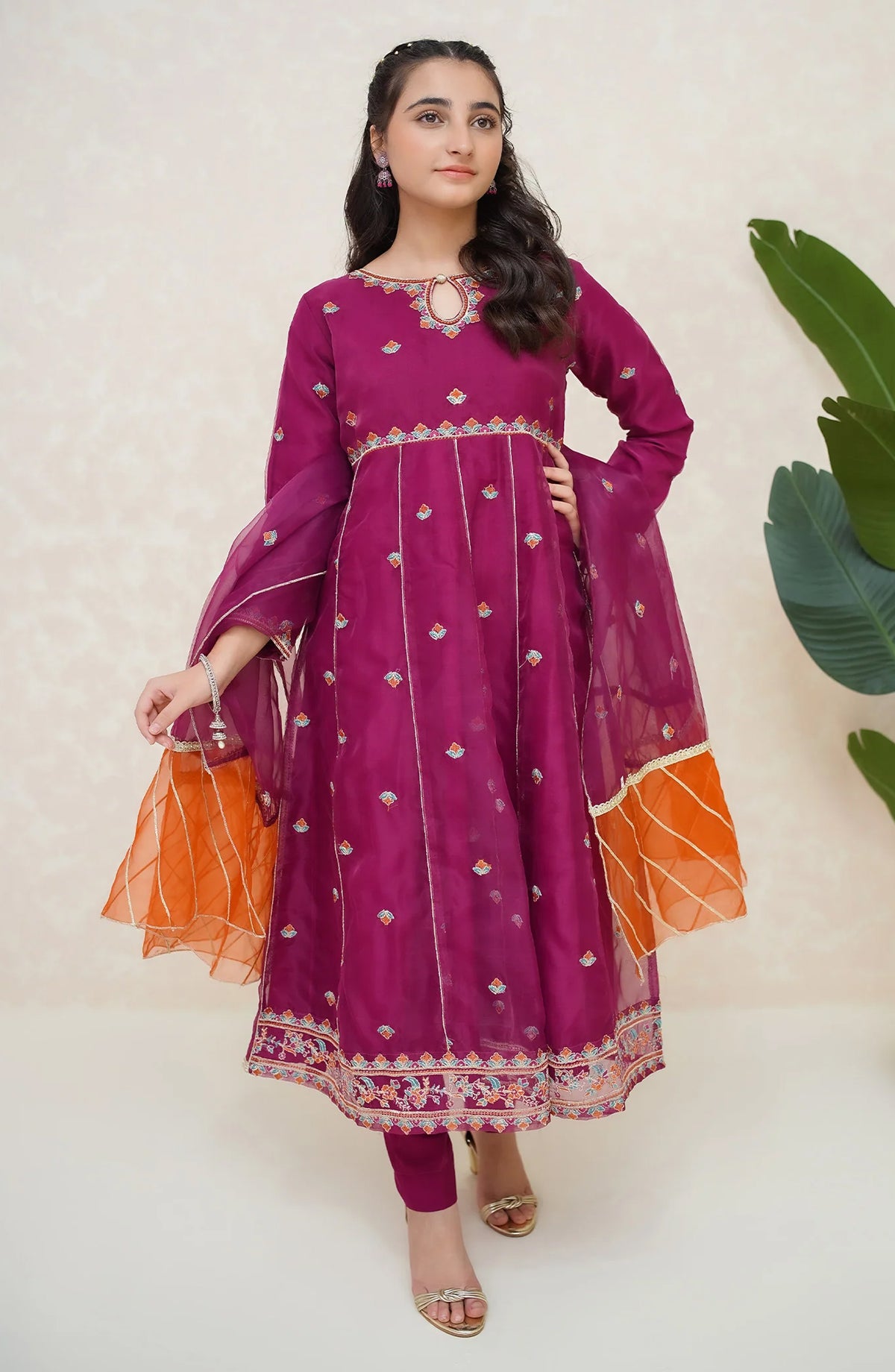 Modest Girls Organza 3 Piece Frock Bahaar - 9595-Prpl - MOD25EKK - Purple - Festive Collection