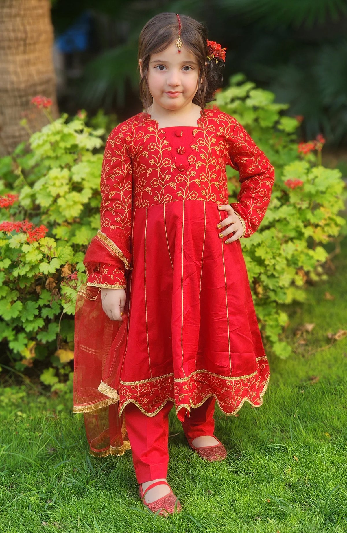 Modest Cotton Stitched 3 Piece Suit - 9610-Red Blooming Red - MOD25PRF - Red - Festive Girls Collection