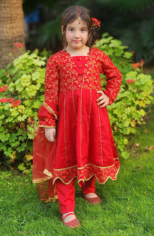 Modest Cotton Stitched 3 Piece Suit - 9610-Red Blooming Red - MOD25PRF - Red - Festive Girls Collection