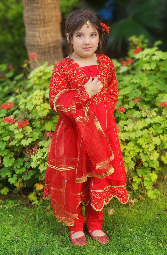 Modest Cotton Stitched 3 Piece Suit - 9610-Red Blooming Red - MOD25PRF - Red - Festive Girls Collection