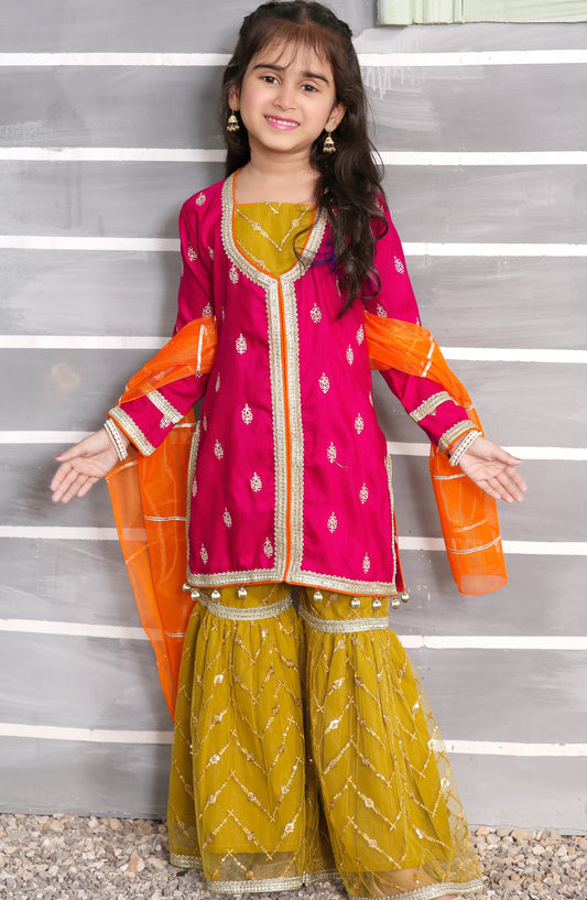 Modest Embroidered Raw Silk Stitched 3 Piece Suit - 8875-HPnk- Mushq - MOD25EKA - Pink - Festive Girls Collection