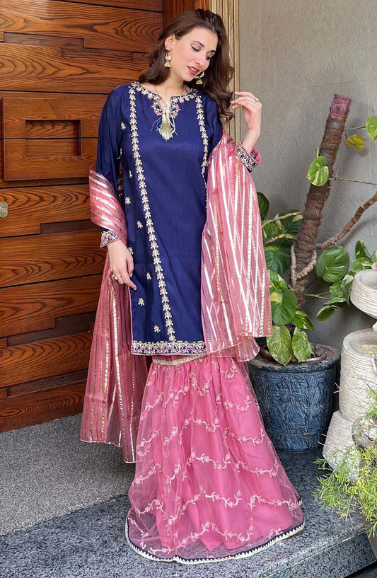 Modest Embroidered Raw Silk Stitched 3 Piece Suit - Gulnoor W289-Blu - MOD25PRF - Blue - Festive Collection