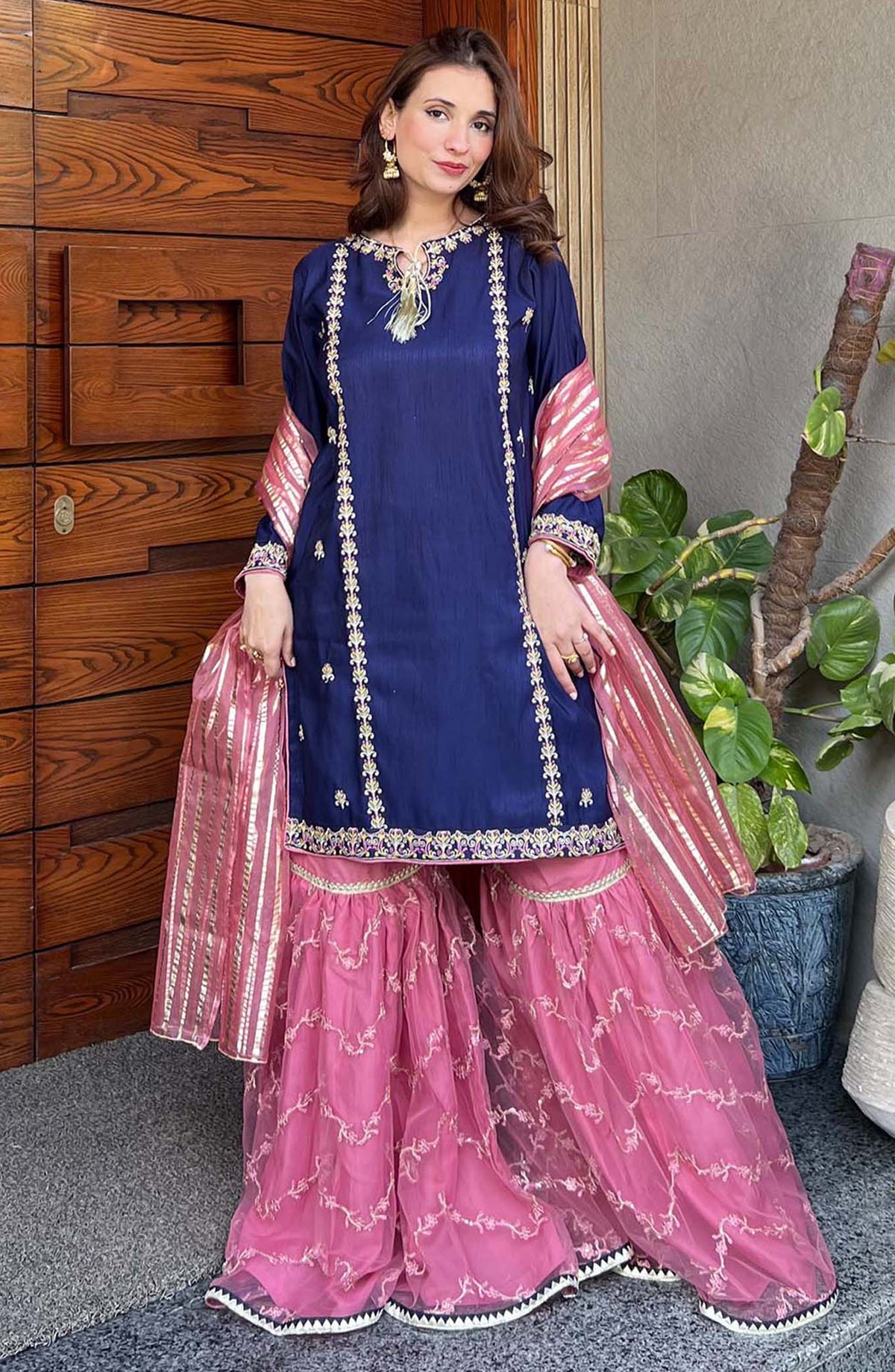 Modest Embroidered Raw Silk Stitched 3 Piece Suit - Gulnoor W289-Blu - MOD25PRF - Blue - Festive Collection