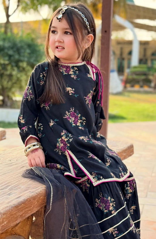 Modest Printed Rawsilk Stitched 3 Piece Suit - 9385-Blk-Siyara - MOD25SP - Black - Summer Girls Collection