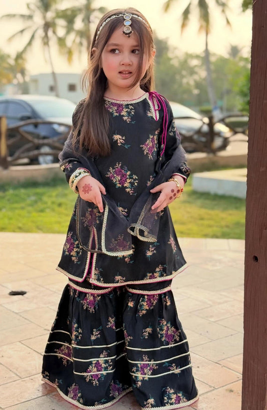 Modest Printed Rawsilk Stitched 3 Piece Suit - 9385-Blk-Siyara - MOD25SP - Black - Summer Girls Collection