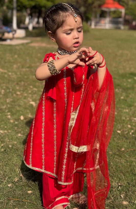 Modest Printed Net Stitched 3 Piece Suit - 9290-Red Gulabo - MOD25EKA - Red - Festive Girls Collection