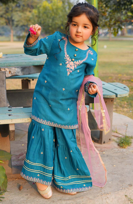 Modest Embroidered Raw Silk Stitched 3 Piece Suit - 10090-Grn - MOD25PRF - Green - Festive Girls Collection