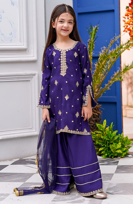 Blue Rawsilk Embroidered 3 Piece Gharara - Blue - 10450-Blu MOD26MT - Festive Collection