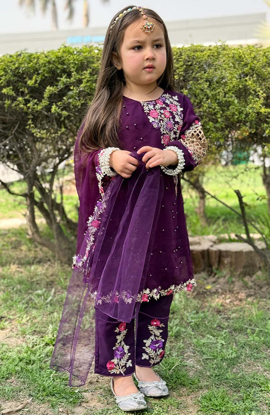 Modest Embroidered Chiffon Stitched 3 Piece - Pearl Cape Shirt - Purple - MD25F - Festive Collection