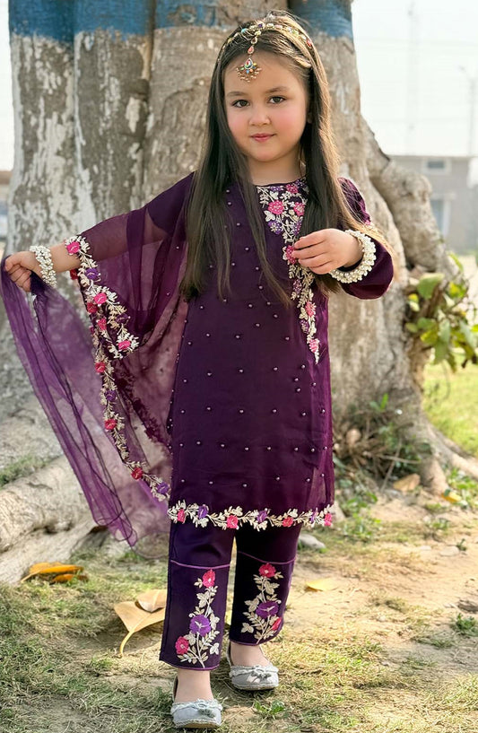 Modest Embroidered Chiffon Stitched 3 Piece - Pearl Cape Shirt - Purple - MD25F - Festive Collection