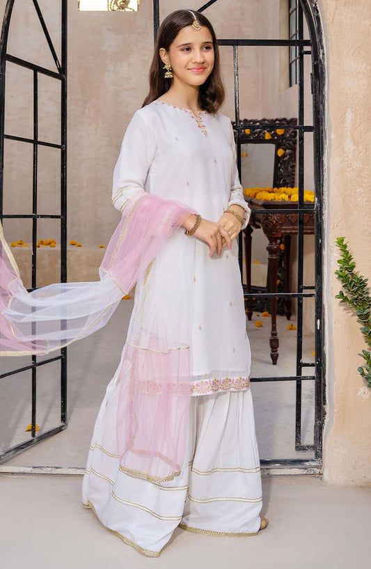 Modest Embroidered Chiffon Stitched 3 Piece Suit - 9620-Wht - MOD25PRF - White - Festive Girls Collection