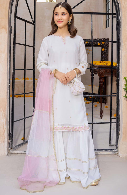 Modest Embroidered Chiffon Stitched 3 Piece Suit - 9620-Wht - MOD25PRF - White - Festive Girls Collection