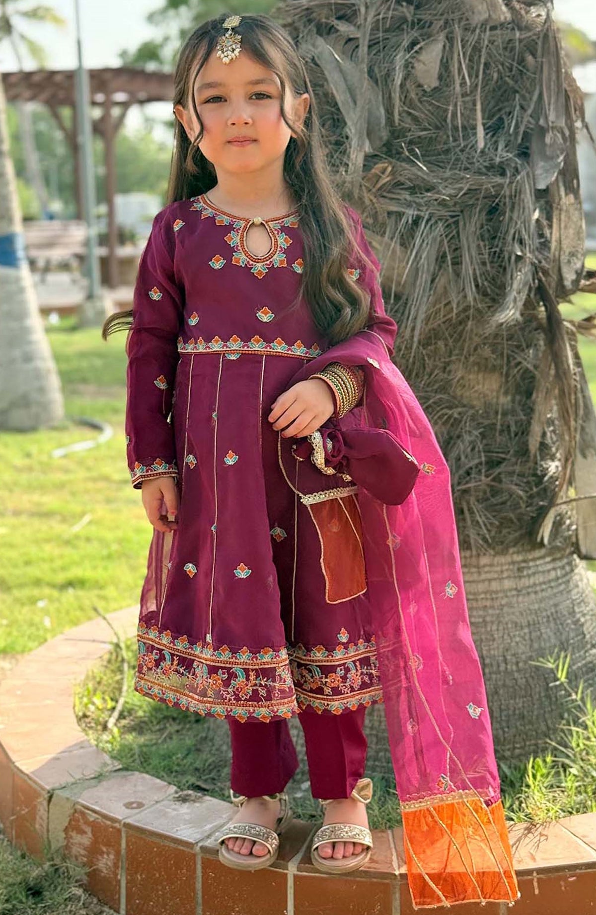 Modest Girls Organza 3 Piece Frock Bahaar - 9595-Prpl - MOD25EKK - Purple - Festive Collection