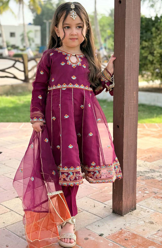 Modest Girls Organza 3 Piece Frock Bahaar - 9595-Prpl - MOD25EKK - Purple - Festive Collection