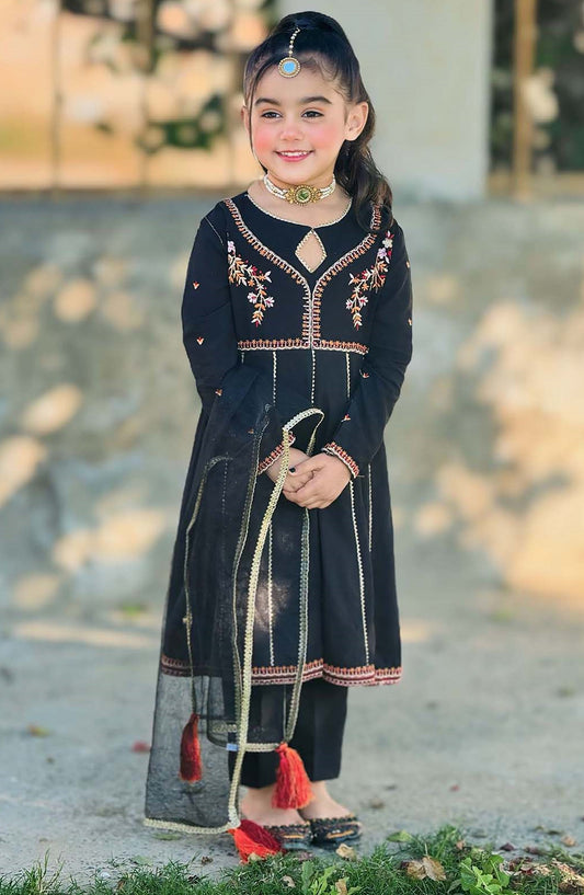 Modest Printed Linen Stitched 3 Piece Suit - 10080-Blk - MOD25PRF - Black - Festive Girls Collection