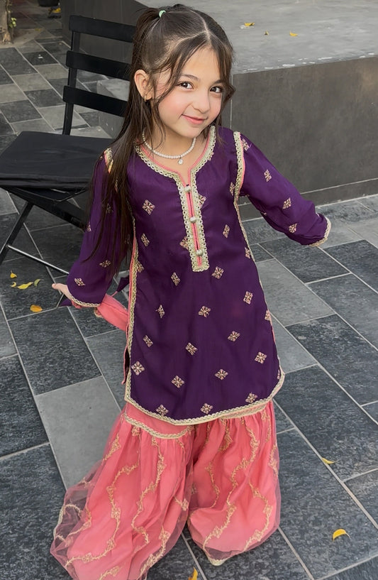 Modest Embroidered Raw Silk Stitched 3 Piece Suit - 9775-Prpl - MOD25PRF - Purple - Festive Girls Collection