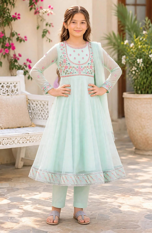 3 Piece Blue Embroidered Crinkle Suit - 11105-Cblu - MOD26TWF - Festive Collection