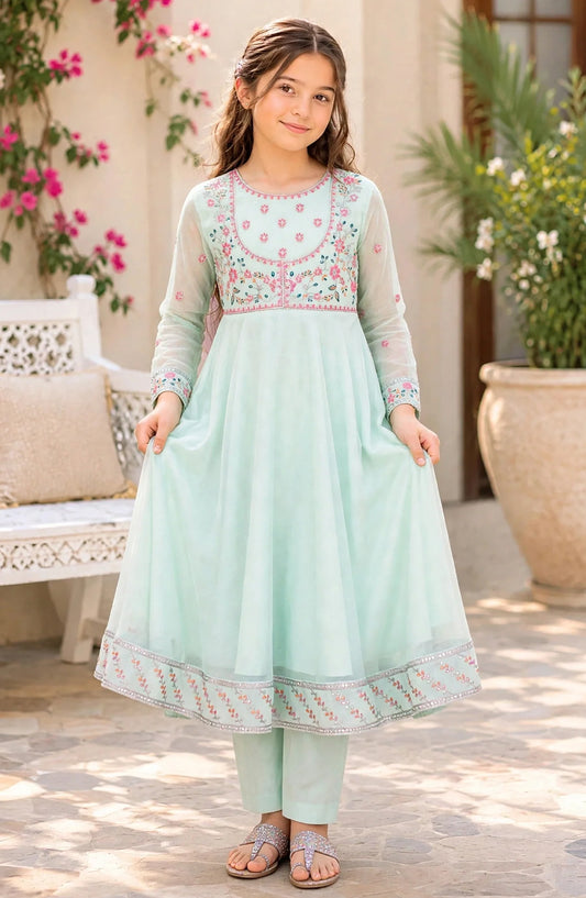 3 Piece Blue Embroidered Crinkle Suit - 11105-Cblu - MOD26TWF - Festive Collection