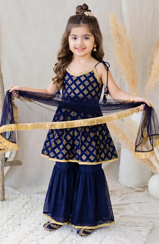3 Piece Printed Rawsilk Blue Gharara - 11270-Blu - MOD26TWF - Festive Collection
