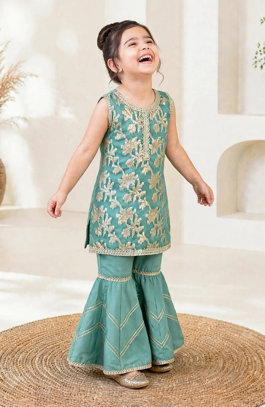 3 Piece Textured Banarasi Green Gharara - 11330-Grn - MOD26TWF - Festive Collection