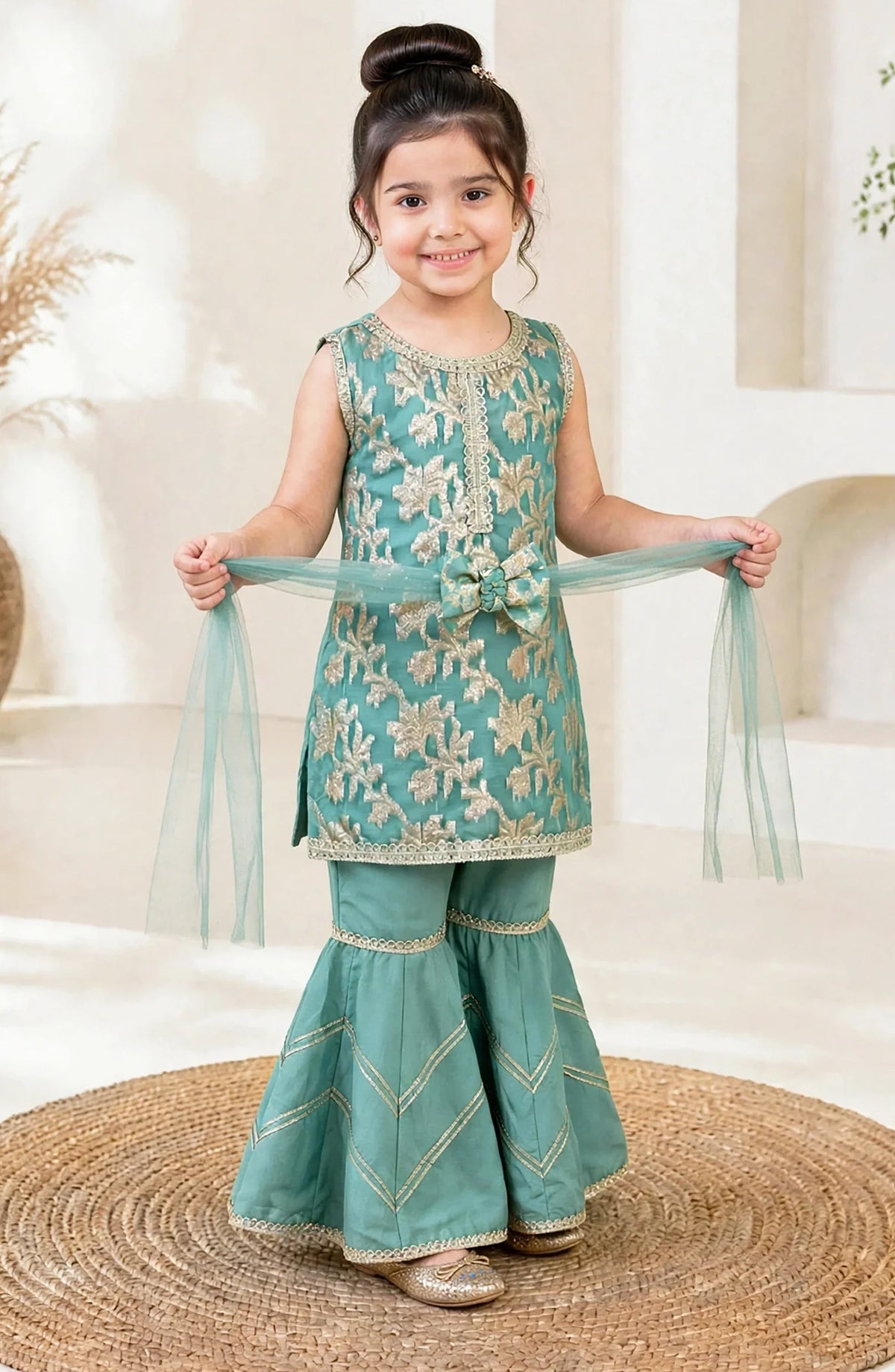 3 Piece Textured Banarasi Green Gharara - 11330-Grn - MOD26TWF - Festive Collection