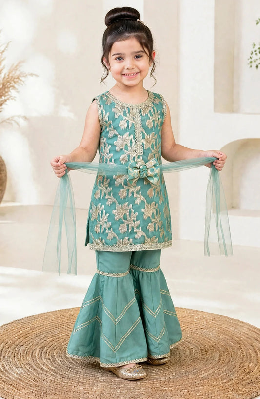 3 Piece Textured Banarasi Green Gharara - 11330-Grn - MOD26TWF - Festive Collection